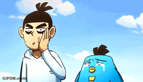 A Cartoon Of A Man Covering His Face Next To A Cartoon Of A Crying Bird GIF