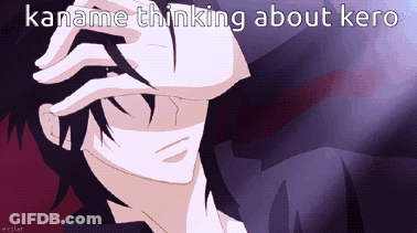 A Cartoon Of A Man Covering His Face With His Hand And The Words Kaname Thinking About Kero Below Him GIF