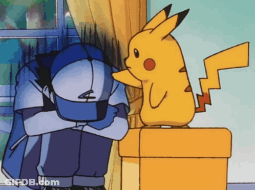 A Cartoon Of A Man Covering His Face With His Hands And A Pikachu Standing Next To Him GIF
