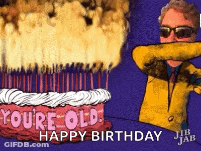 A Cartoon Of A Man Covering His Mouth In Front Of A Birthday Cake With Candles . GIF