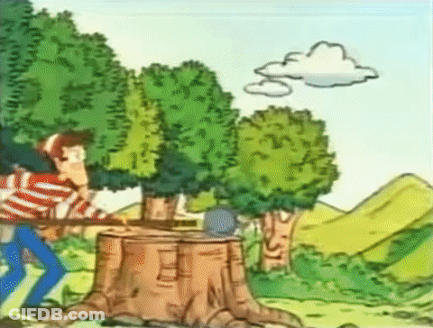 A Cartoon Of A Man Cutting A Tree Stump GIF