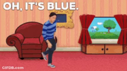 A Cartoon Of A Man Dancing In A Living Room With The Words Oh It 'S Blue Above Him GIF
