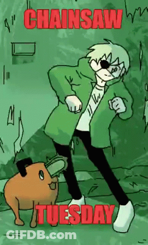 A Cartoon Of A Man Dancing With A Chainsaw And The Words Chainsaw Tuesday GIF
