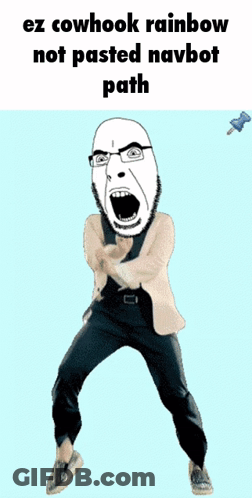 A Cartoon Of A Man Dancing With The Words Ez Cowhook Rainbow Not Pasted Navbot Path Above Him GIF