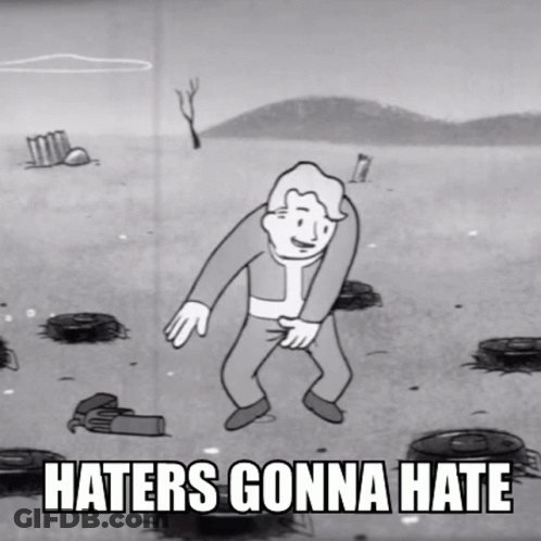 A Cartoon Of A Man Dancing With The Words Haters Gonna Hate GIF