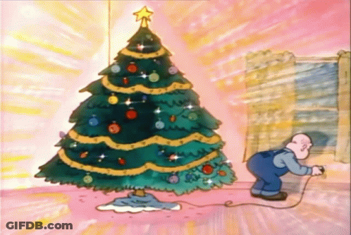 A Cartoon Of A Man Decorating A Christmas Tree In A Room GIF