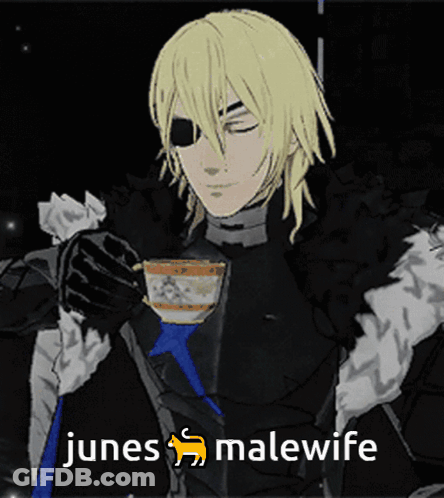 A Cartoon Of A Man Drinking From A Cup That Says Junes Malewife On The Bottom GIF