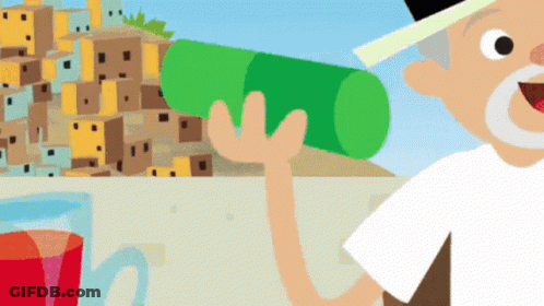 A Cartoon Of A Man Drinking From A Green Cylinder GIF