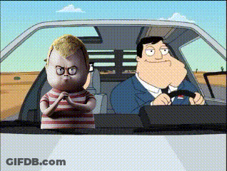 A Cartoon Of A Man Driving A Car With A Baby In The Back GIF