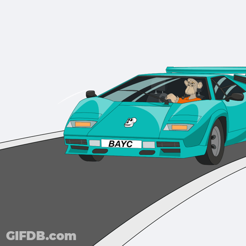 A Cartoon Of A Man Driving A Car With A License Plate That Says Bayc GIF