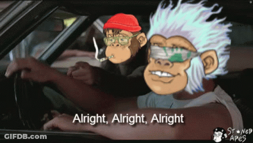 A Cartoon Of A Man Driving A Car With A Monkey Smoking A Cigarette And The Words Alright Alright Alright GIF