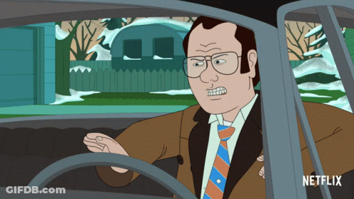 A Cartoon Of A Man Driving A Car With A Netflix Logo On The Bottom GIF