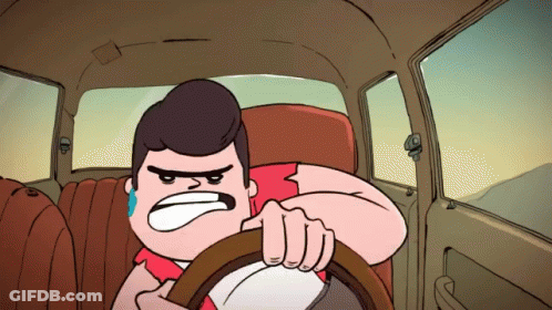 A Cartoon Of A Man Driving A Car With An Angry Face On His Face GIF
