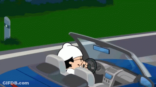 A Cartoon Of A Man Driving A Car With The Top Down GIF