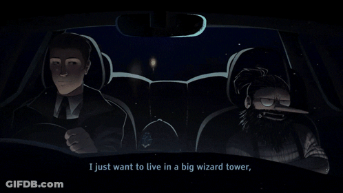 A Cartoon Of A Man Driving A Car With The Words I Just Want To Live In A Big Wizard Tower Below GIF