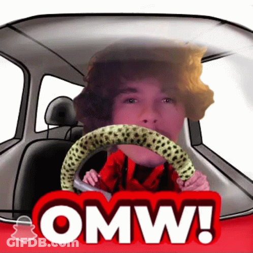 A Cartoon Of A Man Driving A Car With The Words Omw Written On It GIF