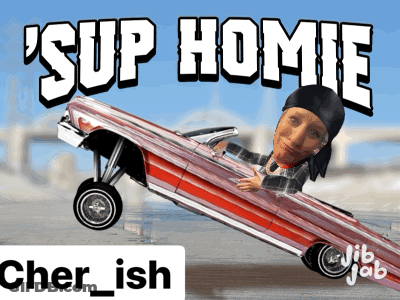 A Cartoon Of A Man Driving A Lowrider With The Caption ' Sup Homie ' On It GIF
