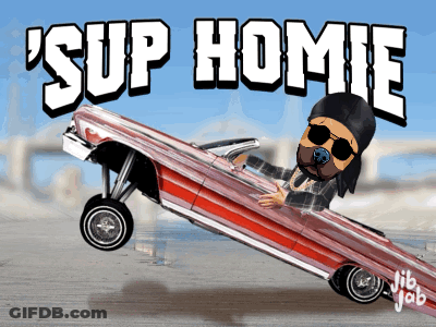 A Cartoon Of A Man Driving A Lowrider With The Words ' Sup Homie ' Written Above Him GIF