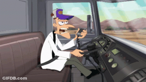 A Cartoon Of A Man Driving A Truck With A Purple Hat On GIF