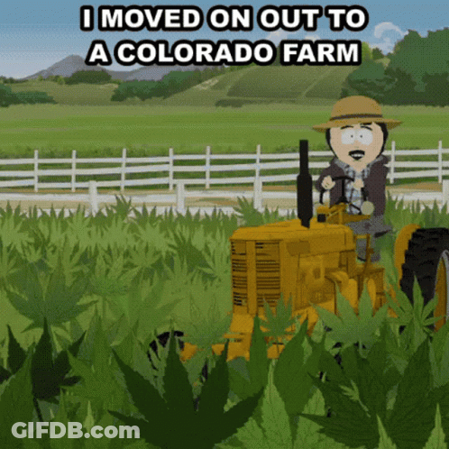 A Cartoon Of A Man Driving A Yellow Tractor With The Words I Moved On Out To A Colorado Farm GIF
