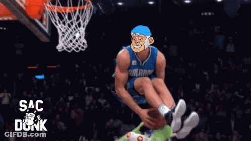 A Cartoon Of A Man Dunking A Basketball With The Words Sac Dunk On The Bottom GIF