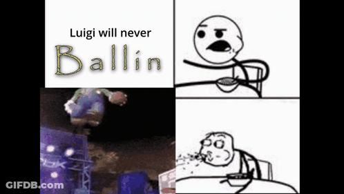 A Cartoon Of A Man Eating A Bowl Of Cereal With The Words Luigi Will Never Ballin GIF