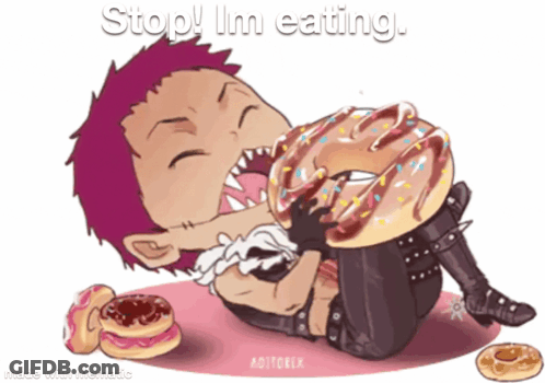 A Cartoon Of A Man Eating A Donut With The Words Stop I 'M Eating GIF