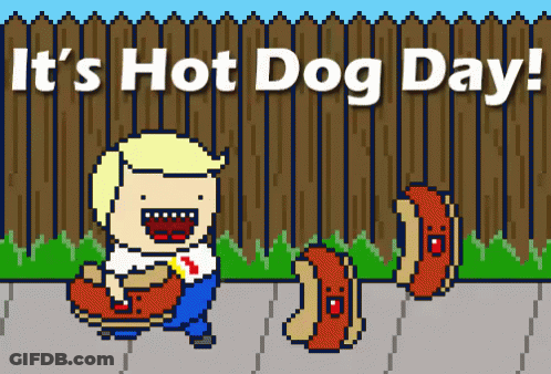 A Cartoon Of A Man Eating A Hot Dog With The Words " It 'S Hot Dog Day " Behind Him GIF