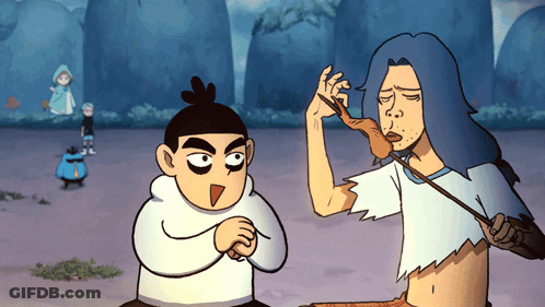A Cartoon Of A Man Eating A Piece Of Meat While Another Man Looks On GIF