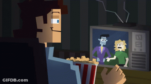 A Cartoon Of A Man Eating Popcorn While Watching A Tv Show GIF