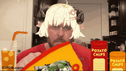 A Cartoon Of A Man Eating Potato Chips With A Can Of Potato Chips In The Foreground GIF