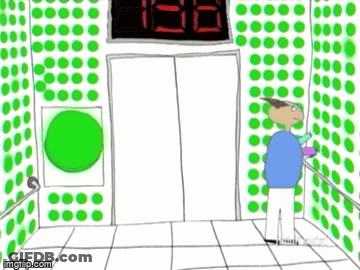 A Cartoon Of A Man Falling Down An Elevator With A Green Button On The Wall . GIF