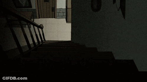 A Cartoon Of A Man Falling Down Stairs With Glasses On GIF