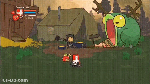 A Cartoon Of A Man Fighting A Monster With A Frog In The Foreground And A Tent In The Background GIF
