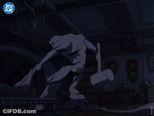 A Cartoon Of A Man Fighting A Monster With The Dc Logo In The Background GIF