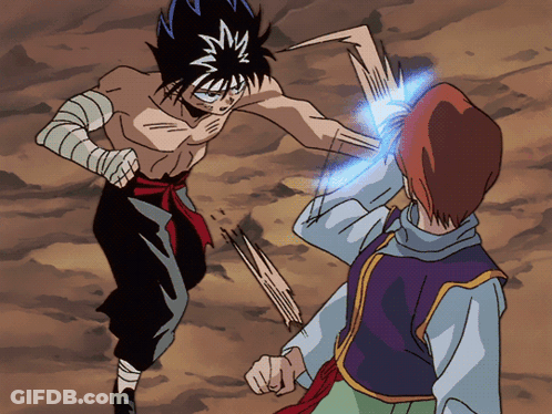 A Cartoon Of A Man Fighting Another Man With A Blue Light Coming Out Of His Arm GIF