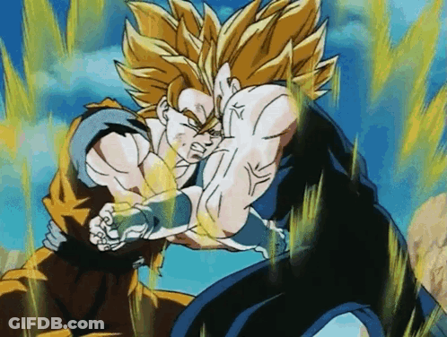 A Cartoon Of A Man Fighting Another Man With A Blue Sky In The Background GIF