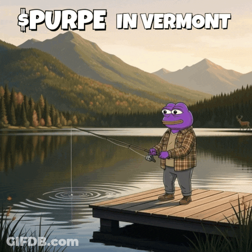 A Cartoon Of A Man Fishing On A Dock With The Words Purpe In Vermont Below Him GIF
