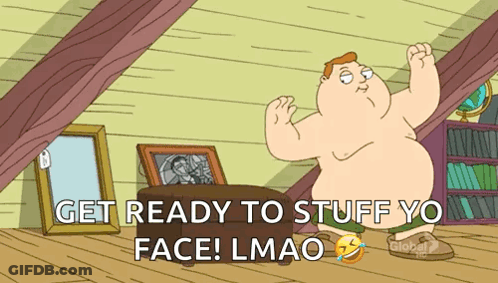 Cartoon Flexing Muscles Get Ready To Stuff Yo Face GIF