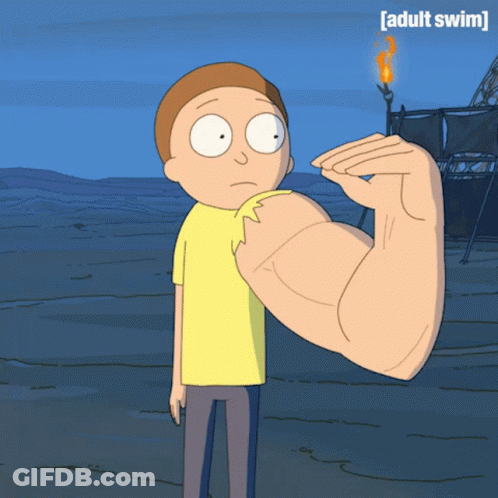 A Cartoon Of A Man Flexing His Muscles With The Words Adult Swim Behind Him GIF