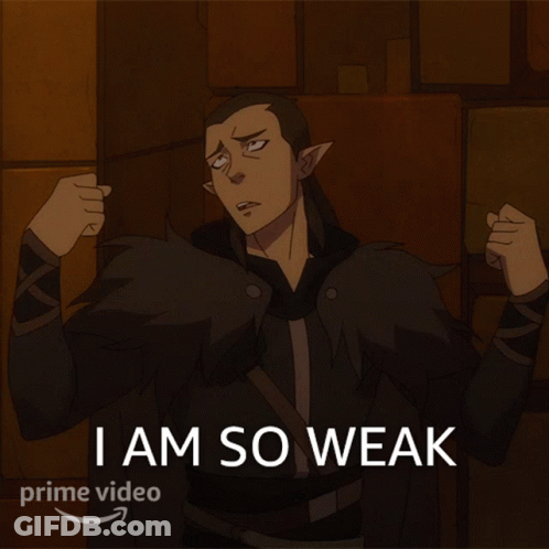 A Cartoon Of A Man Flexing His Muscles With The Words I Am So Weak Above Him GIF