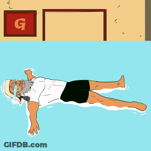 A Cartoon Of A Man Floating On His Back In A Pool With A Gatorade Sign In The Background GIF