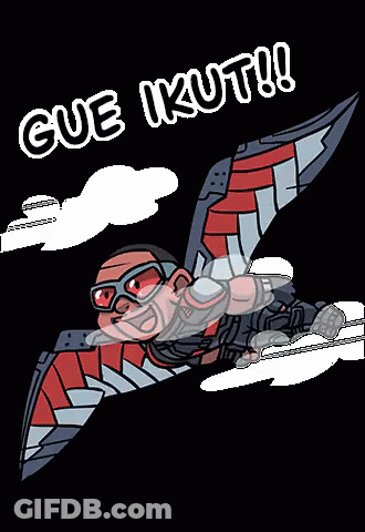 A Cartoon Of A Man Flying In The Air With The Words Gue Ikut Written Above Him GIF