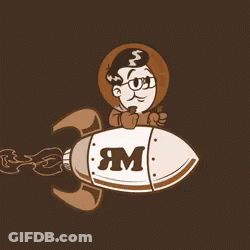 A Cartoon Of A Man Flying On A Rocket With The Letter M On It GIF