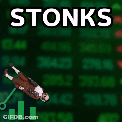 A Cartoon Of A Man Flying Over A Graph That Says Stonks GIF