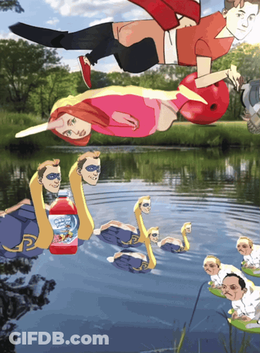 A Cartoon Of A Man Flying Over A Lake With A Bottle Of Bubble Gum GIF
