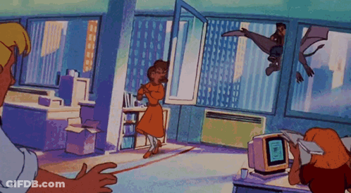 A Cartoon Of A Man Flying Through The Air While A Woman Looks At A Computer Monitor GIF