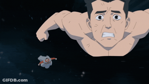 A Cartoon Of A Man Flying Through The Air With A Superhero In The Background GIF