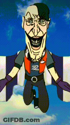 A Cartoon Of A Man Flying Through The Air With The Letter Nc On His Chest GIF