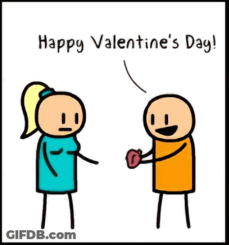 A Cartoon Of A Man Giving A Heart To A Woman Says " This Is A Happy Valentine 'S Day ! " GIF
